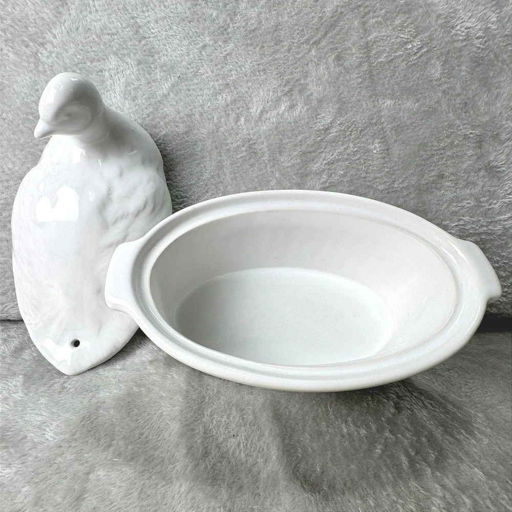 Pier 1 Imports Made in France Duck on a Nest Tureen Dish Ribbed White Ceramic